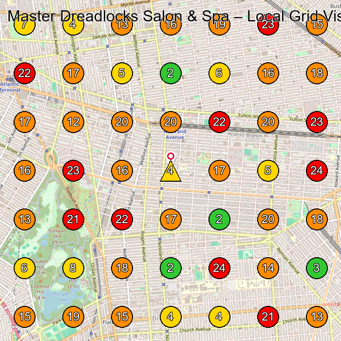 Master Dreadlocks Salon & Spa Beauty Salon GeoGrid ranking map for Brooklyn NY